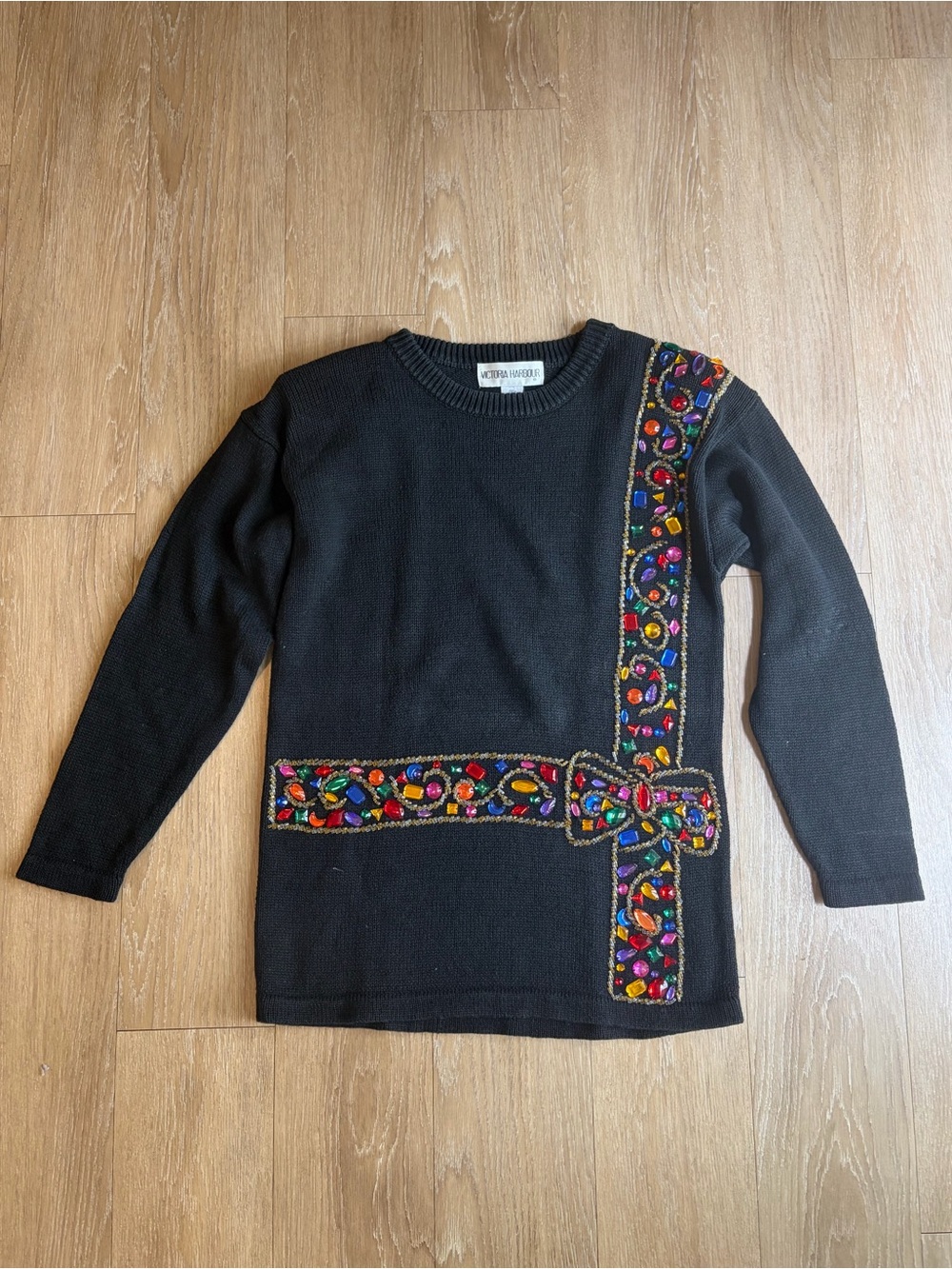 Vintage Victoria Harbour Black Festive Sweater w/ Multicolor Beadwork